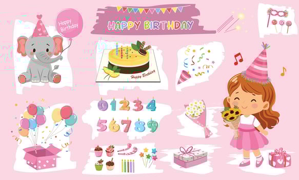 Birthday set for girl. Birthday element. Happy birthday. Birthday cake, flower, gift, present, candle, cupcake. conffeti, Flat in cartoon style isolated on pink background. vector