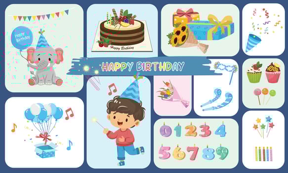 Birthday set. Birthday element. Happy birthday. Birthday cake, flower, gift, present, candle, cupcake. conffeti, Flat in cartoon style isolated on dark background. vector