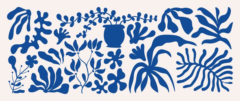 Abstract botanical art background . Natural hand drawn pattern design with blue flower, leaves, branches. Simple contemporary illustrated Design for fabric, print, cover, banner, wallpaper. vector