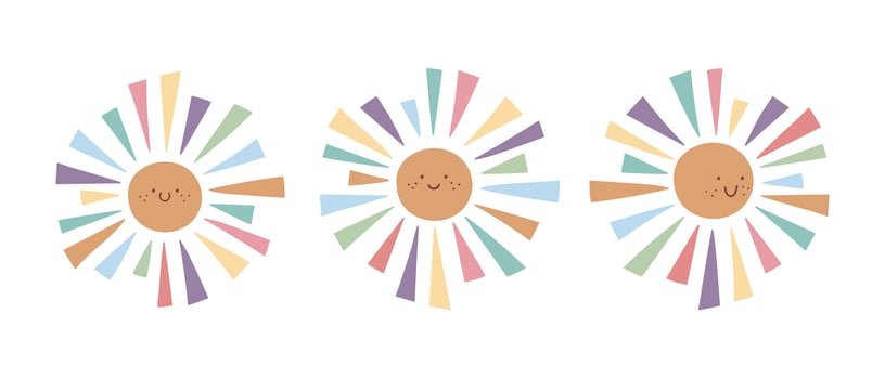 Cute hand drawn smiling suns in rainbow colors. Scandinavian style decoration for nursery or kids room. illustration vector