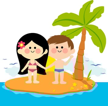A boy and a girl on an island holding hands at the beach. Children on a tropical summer island vacations. vector