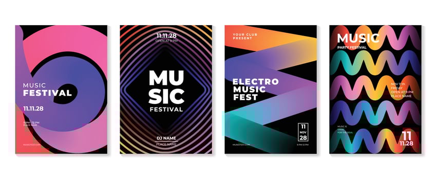 Music poster design background set. Electro Sound Cover template with vibrant abstract gradient line wave and geometric shape. Ideal design for social media, flyer, party, music festival, club. vector