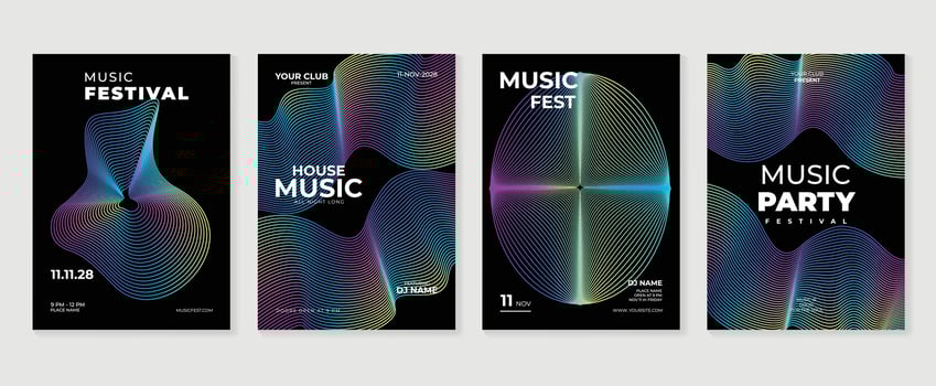 Music poster design background set. Electro Sound Cover template with vibrant abstract gradient line wave. Ideal design for social media, flyer, party, music festival, club. vector