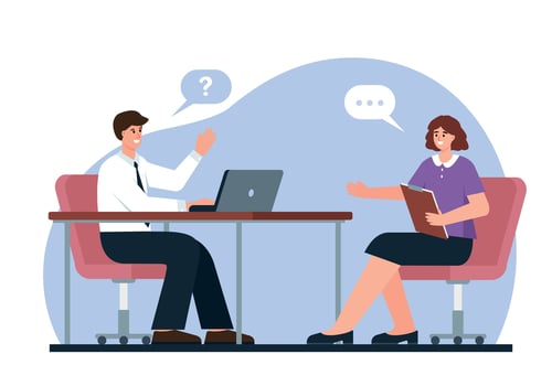 Job interview. Recrutment or Employment service. HR manager with laptop and young woman job seeker. Hiring staff, headhunting concept. vector