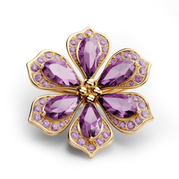 a purple flower brooch with gold and purple stones png