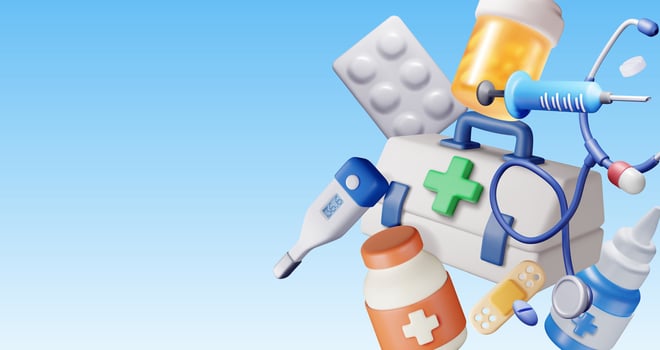 3d medicine icon set isolated. Render medical collection. Spray, pills, first aid kit, thermometer, syringe, heartrate, stethoscope. Healthcare hospital and medical diagnostics. vector