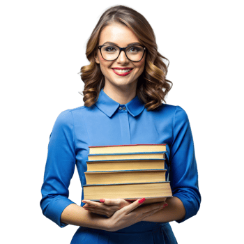 A woman wearing glasses and a blue shirt is holding a stack of books png