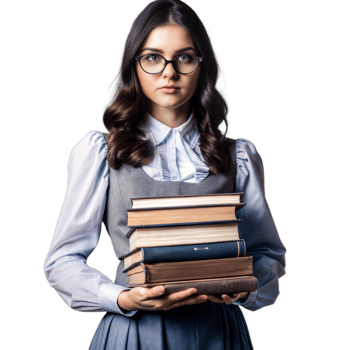 A young woman wearing glasses and a vest is holding a stack of books png