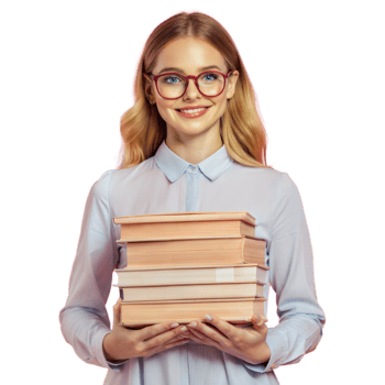 A woman is holding a stack of books and smiling png