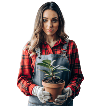 A woman in a plaid shirt and apron holding a plant in a pot png