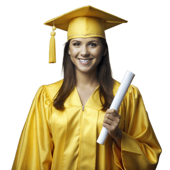 A woman in a yellow graduation gown holding a white graduation certificate png