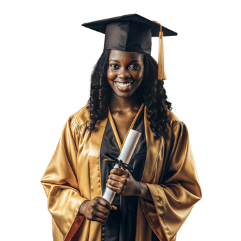 A woman in a gold gown holding a diploma png