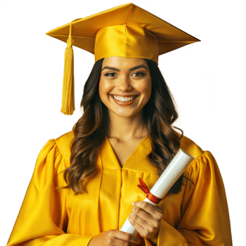 A woman in a yellow graduation gown holding a diploma png