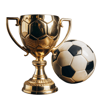 A gold trophy sits next to a soccer ball png