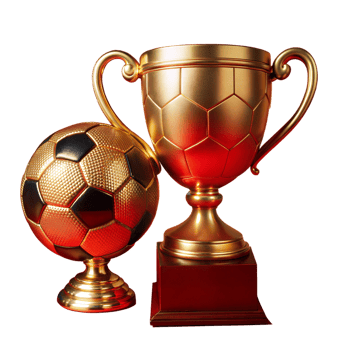 A soccer ball and a gold cup are displayed on a white background png