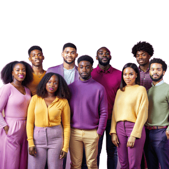 A group of people in purple and yellow clothing are posing for a photo png