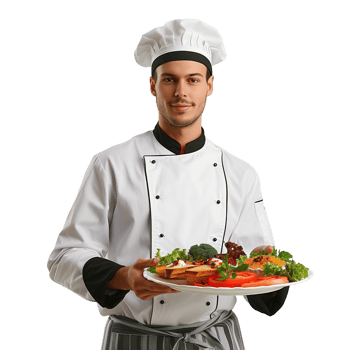 A chef in uniform holding a tray of food isolated on a transparent background png