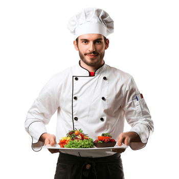 A chef in uniform holding a tray of food isolated on a transparent background png