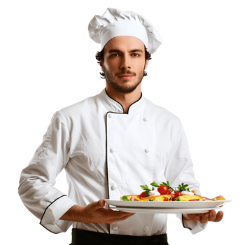 A chef in uniform holding a tray of food isolated on a transparent background png