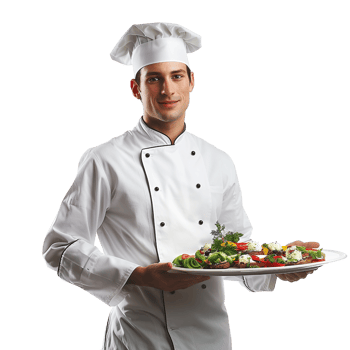 A chef in uniform holding a tray of food isolated on a transparent background png