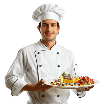 A chef in uniform holding a tray of food isolated on a transparent background png
