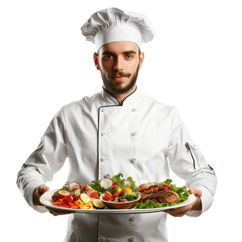 A chef in uniform holding a tray of food isolated on a transparent background png