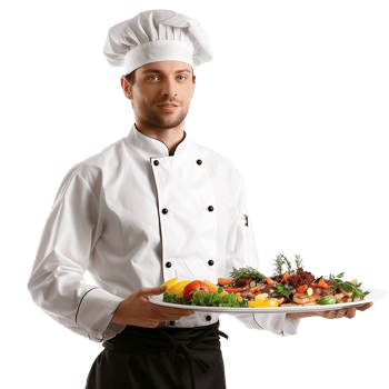 A chef in uniform holding a tray of food isolated on a transparent background png