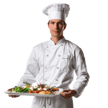 A chef in uniform holding a tray of food isolated on a transparent background png