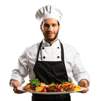 A chef in uniform holding a tray of food isolated on a transparent background png