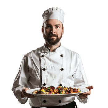 A chef in uniform holding a tray of food isolated on a transparent background png