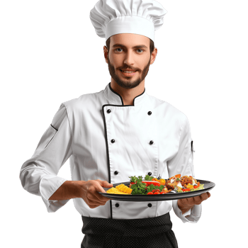 A chef in uniform holding a tray of food isolated on a transparent background png