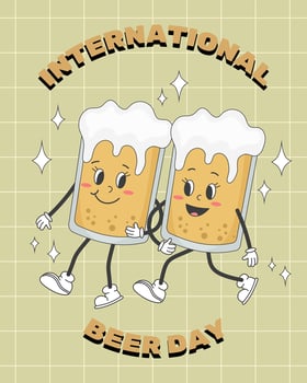 Happy international beer day. Retro groovy beer characters walking. Vintage illustration. vector
