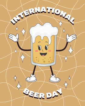 Happy international beer day. Retro groovy beer character. Vintage illustration. vector