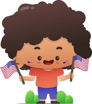 Cute character holding two american flags vector