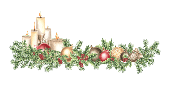 Candles with balls and holly on pine branch. Christmas decorating vintage. Spruce twigs for New Year design. Hand drawn watercolor illustration isolated. Template for wrapping, textile, card, window. png
