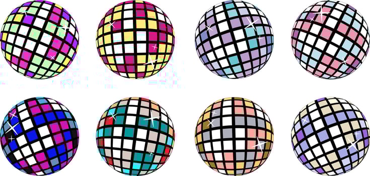 A set of 8 disco balls with glitter in various bright and unusual colors, showcasing vibrant sparkle and shine for a dynamic and festive feel vector