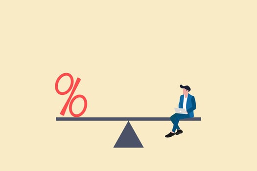 businessman sitting on a seesaw with a percentage symbol. concept off financial balance, optimization and Saving budget vector