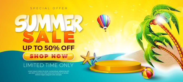 Summer Sale Design with Stage Podium, Palm Tree and Beach Ball on Tropical Sandy Island Background. Tropical Business Illustration with Special Offer Typography for Coupon, Voucher, Banner vector
