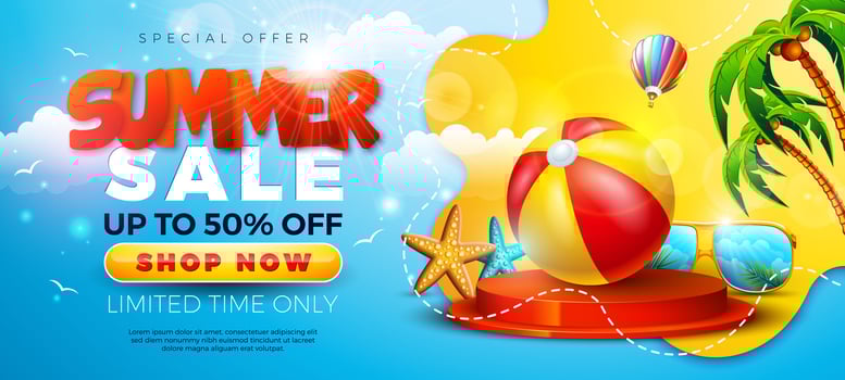 Summer Sale Design with Stage Podium, Palm Tree and Beach Ball on Abstract Sun Yellow Background. Tropical Business Illustration with Special Offer Typography for Coupon, Voucher, Banner, Flyer vector