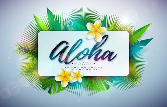 Tropical Summer Design with Aloha Hawaii Lettering and Flower on Exotic Palm Leaves Background. Holiday Typography Illustration with Tropic Plant and Phylodendron for Banner, Flyer, Invitation vector