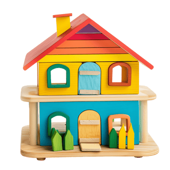 A colorful wooden dollhouse toy isolated on a transparent background png