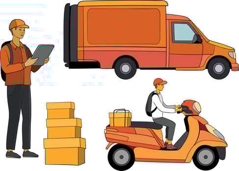 Online delivery service set, online order tracking, delivery home and office elements. Truck, scooter and courier, delivery man. vector