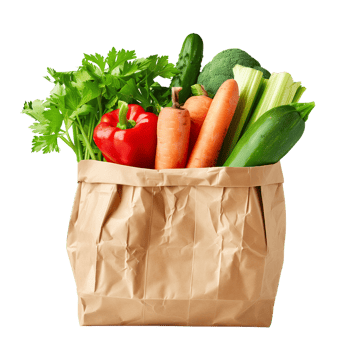 A brown paper bag filled with fresh vegetables isolated on a transparent background png