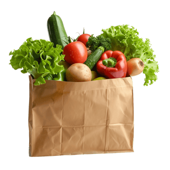A brown paper bag filled with fresh vegetables isolated on a transparent background png