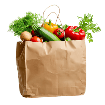 A brown paper bag filled with fresh vegetables isolated on a transparent background png