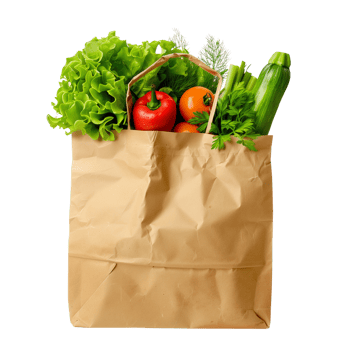 A brown paper bag filled with fresh vegetables isolated on a transparent background png