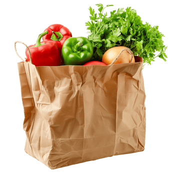 A brown paper bag filled with fresh vegetables isolated on a transparent background png