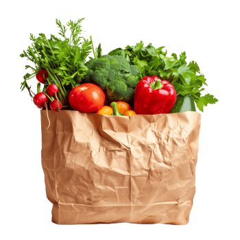 A brown paper bag filled with fresh vegetables isolated on a transparent background png