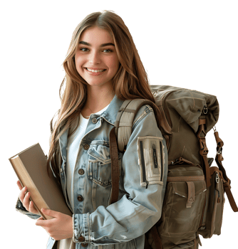 Female teen student with a backpack and books smiling on isolated transparent background png