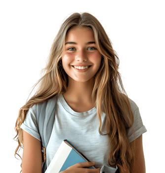 Female teen student with a backpack and books smiling on isolated transparent background png
